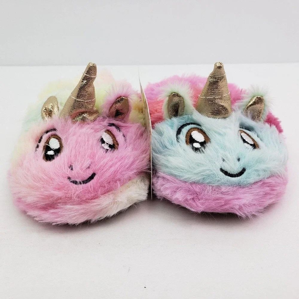 Csfry Toddler Girls Size S 5/6 Rainbow Unicorn Faux Fur Slip On Slippers